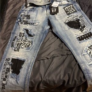 Men's Slim Straight Distressed Patch Jeans - Light Blue &Denim Jean Top Set